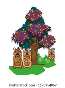 bears wild animals with bushes and tree