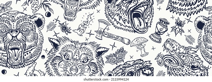 Bears and wolves. Grizzly background. Old school tattoo art. Wild animals seamless pattern. Tourism symbol, adventure, great outdoor