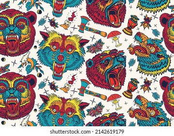 Bears and wolves. Wild animals seamless pattern. Tourism symbol, adventure, great outdoor. Grizzly background. Old school tattoo art 