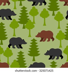 Bears in  woods as a seamless pattern.  Grizzly and  trees. Ornament animals of Alaska. Russian  a large, heavy, mammal  home. Wildlife of Canada background