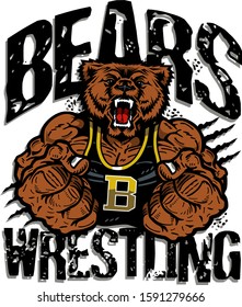 Bears Wrestling Team Design With Muscular Mascot For School, College Or League