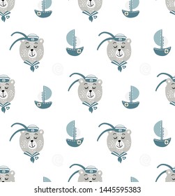 Bear-sailor in the sea cute vector pattern.
