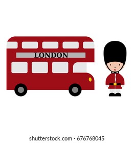 Bearskin soldier and a red bus 