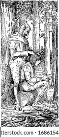 Bearskin, this scene shows a female sitting on rock and a man combs her hair from back side in forest, vintage line drawing or engraving illustration