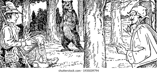 Bearskin, this scene shows two men and a bear in jungle, men and bear looking towards each other, vintage line drawing or engraving illustration