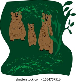 Bears.Three bears in the forest. The illustration is drawn in a vector.For printing poster, banner, kids room decoration or greeting card. Vector illustration template.