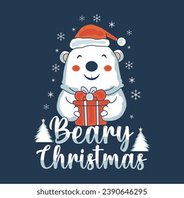 beary christmas with bear holding a gift box this design is perfect for t-shirts, posters, cards, mugs and more. vector in the form of eps and editable layers