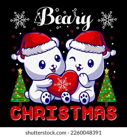 Beary Christmas Polar Bear t shirt and mug design vector illustration Christmas graphic prints set, nurse Christmas t shirt designs for ugly sweater x mas party. Holiday décor with x mas tree, Santa.