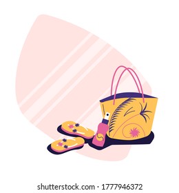 Beash accessories - beach bag, flip flops, suntan cream - sticker style illustration, flat style, summertyme concept