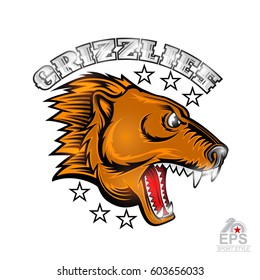 Beast bear face from the side view with bared teeth. Logo for any sport team grizzlies isolated on white