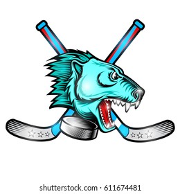 Beast bear face from the side view with hockey puck and crossed stick. a