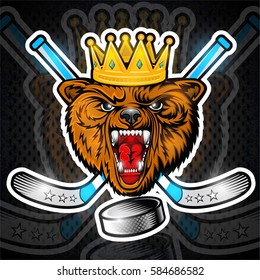 Beast bear from the front view with crown and crossed hockey stick. Logo for any sport team grizzly