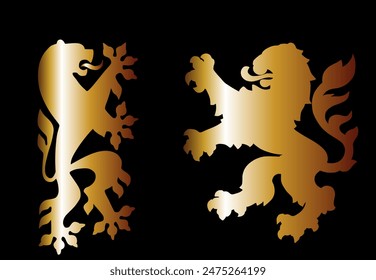 Beast gold lions fight battle vector silhouette illustration isolated on background. Heraldic lion. Animal symbol coat of arms. Seal of city in Europe. Shield Dresden VS Hessen Hesse. Germany towns.