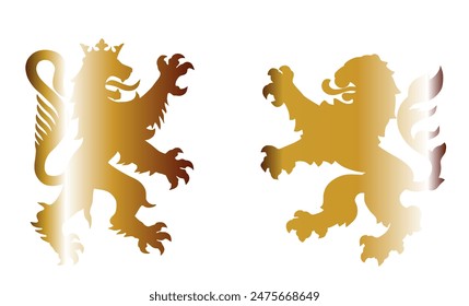 Beast gold lions fight battle vector silhouette illustration isolated. Heraldic lion. Animal symbol coat of arms. City in Europe seal. Shield Burgundy VS Hessen Hesse. France town VS Germany heraldry.