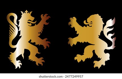 Beast gold lions fight battle vector silhouette illustration isolated. Heraldic lion. Animal symbol coat of arms. City in Europe seal. Shield Burgundy VS Hessen Hesse. France town VS Germany heraldry.