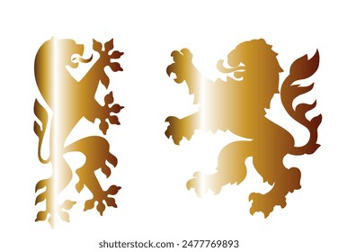 Beast gold lions fight battle vector silhouette illustration isolated on background. Heraldic lion. Animal symbol coat of arms. Seal of city in Europe. Shield Dresden VS Hessen Hesse. Germany towns.