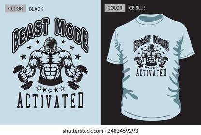 BEAST MODE ACTIVATED" in bold black typography with dumbbell workout man clipart. Perfect for ice blue T-shirts. High-res digital download for gym enthusiasts. 