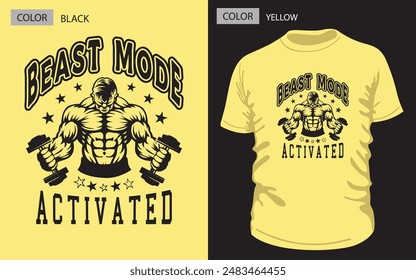 BEAST MODE ACTIVATED" in bold black typography with dumbbell workout man clipart. Perfect for yellow T-shirts. High-res digital download for gym enthusiasts. 