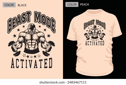 BEAST MODE ACTIVATED" in bold black typography with dumbbell workout man clipart. Perfect for peach T-shirts. High-res digital download for gym enthusiasts. 
