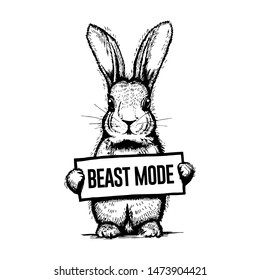 Beast mode bunny. Cool and funny t-shirt print. Hand-drawn vector rabbit.