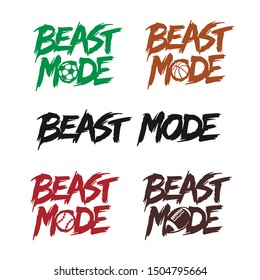 Beast mode quote lettering set. Kids clothes typography print related to different sports. American football, baseball, soccer, basketball balls. Hand drawn typographical vector illustration.