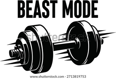 Beast mode typography with dumbbell icon for gym fitness logo design, black and white vector sports badge, strong muscle workout emblem and isolated graphic illustration