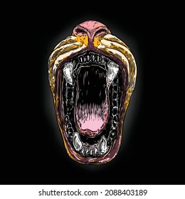 Beast open mouth with fangs and teeth. Monster maw jaw, werewolf or Carnivore animals. Car tiger or bear. Vector. 