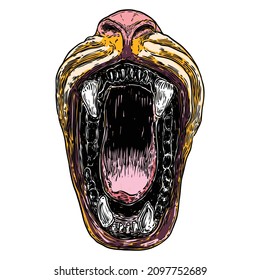 Beast open mouth with fangs and teeth. Monster maw jaw, werewolf or Carnivore animals. Vector. 