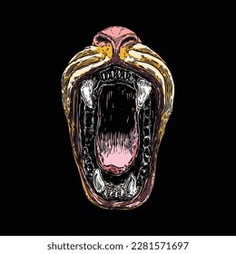 Beast open mouth with fangs and teeth. Monster maw jaw, werewolf or Carnivore animals. Car tiger or bear. Vector. 