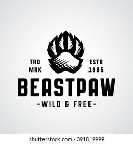 Beast Paw Original Memorable Illustrative Graphic Symbol For Your Business. Attractive Unique Sign With Taste of Wild Freedom and Power For Outdoor Company, Explorers Club etc. Vector Illustration.