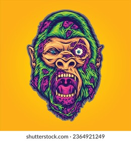 Beast scary monkey head monster zombie vector illustrations for your work logo, merchandise t-shirt, stickers and label designs, poster, greeting cards advertising business company or brands