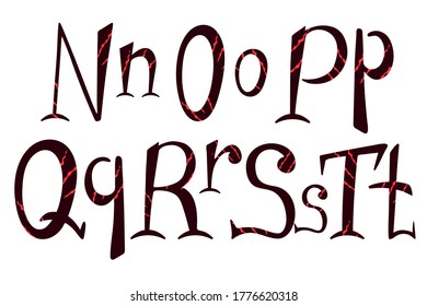 Beast scratch alphabet. Hand drawn lettering for halloween design. N, O, P, Q, R, S, T  letters for logo, prints, banner, card. Uppercase and lowercase font