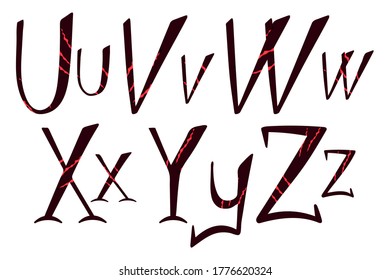 Beast scratch alphabet. Hand drawn lettering for halloween design. U, V, W, X, Y, Z letters for logo, prints, banner, card. Uppercase and lowercase font