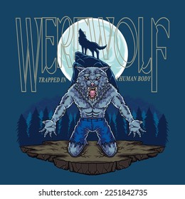 Beast Werewolf Under Full Moon with Howling Wolf Vector Illustration