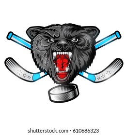 Beast wolf face from the front view with hockey puck and crossed stick. Logo for any sport team timber wolf isolated on white