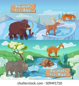 Beasts Ice Age Horizontal Banners Including Life Of Saber Tooth Tiger Mammoth And Deer Isolated Vector Illustration