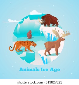 Beasts ice age round design with rhino, tiger and deer giant beaver in frozen wildlife vector illustration