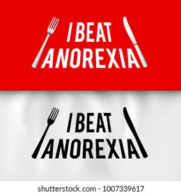 I Beat Anorexia: Ironic Slogan with Fork and Knife on White and Red for Creative Idea