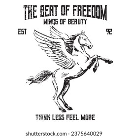 El ritmo del lema de la libertad con ilustración unicornio, diseño gráfico impreso estilo rock moda calle ilustración