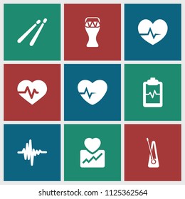 Beat icon. collection of 9 beat filled icons such as heartbeat, heartbeat clipboard, music equalizer, cardiogram, drum stick. editable beat icons for web and mobile.