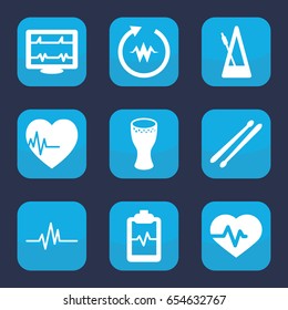 Beat icon. set of 9 filled beat icons such as heartbeat, heartbeat clipboard, drum stick, metronome