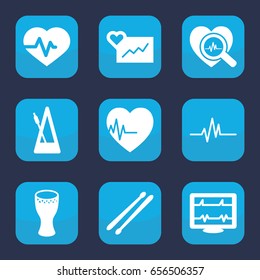 Beat icon. set of 9 filled beat icons such as heartbeat, heartbeat search, drum stick, metronome, drum