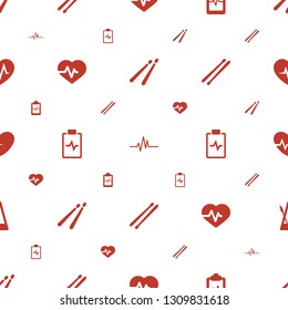 beat icons pattern seamless white background. Included editable filled drum stick, heartbeat, heartbeat clipboard, metronome icons. beat icons for web and mobile.