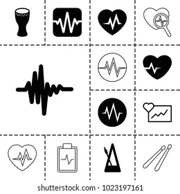 Beat icons. set of 13 editable filled and outline beat icons such as music equalizer, metronome, drum, cardiogram, heartbeat, heartbeat clipboard, heartbeat search