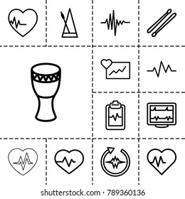 Beat icons. set of 13 editable outline beat icons such as heartbeat, cardiogram, heartbeat clipboard, drum stick, music equalizer, metronome