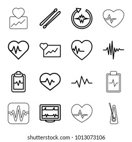 Beat icons. set of 16 editable outline beat icons such as heartbeat, cardiogram, heartbeat clipboard, drum stick, music equalizer