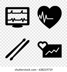 Beat icons set. set of 4 beat filled icons such as heartbeat, drum stick