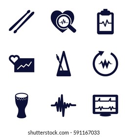 beat icons set. Set of 9 beat filled icons such as heartbeat, heartbeat clipboard, heartbeat search, drum stick, music equalizer, metronome, drum