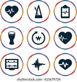 Beat icons set. set of 9 beat filled icons such as heartbeat, heartbeat clipboard, music equalizer, metronome