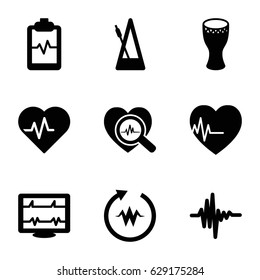 Beat icons set. set of 9 beat filled icons such as heartbeat, heartbeat clipboard, heartbeat search, music equalizer, metronome